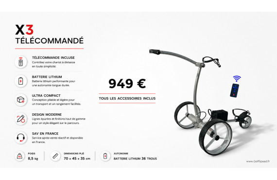 Chariot de golf télécommandé X3 GolfSpeed gris ou noir : l’élégance compacte au service de votre jeu